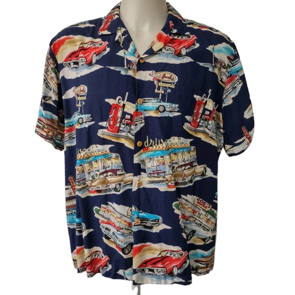 Paradise Found GM Nostalgia Cars Hawaiian Made Shirt Mens Size XL Drive In Diner